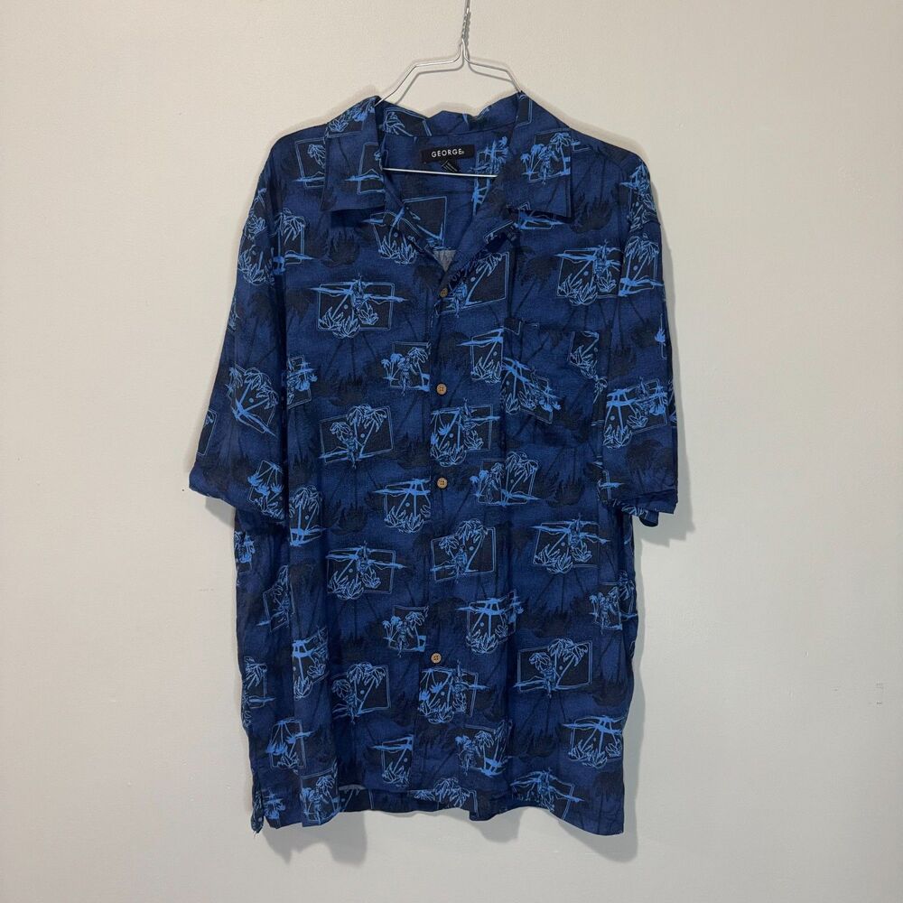 George Men's Blue Graphic Button-Down Shirt, Size Large, 100% Rayon